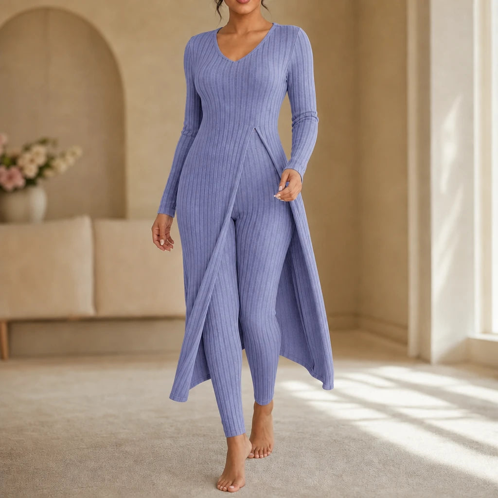 Ribella – Ribbed Side-Slit Tunic And Slim-Fit Pants Set