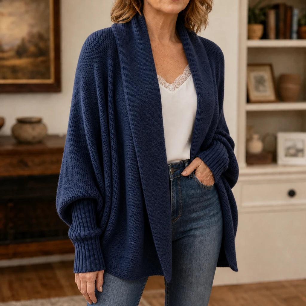 Drapeelle – Crochet-Look Open-Front Batwing Cardigan