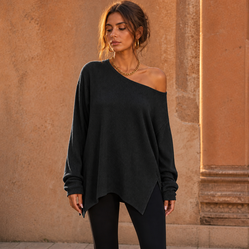 Veluna – Side-Slit Off-Shoulder Tunic Blouse