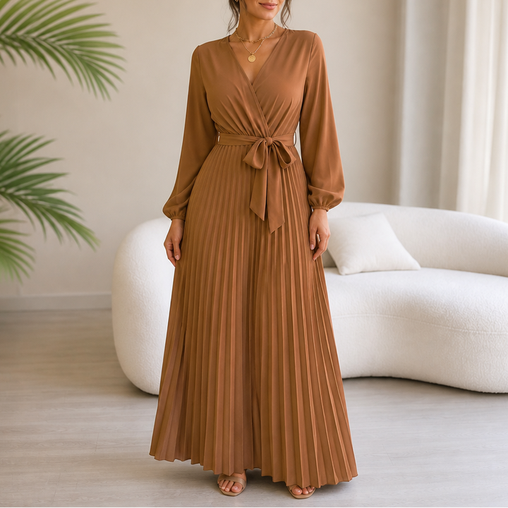 Lunavia – Pleated Wrap-Neck High-Waisted Maxi Dress