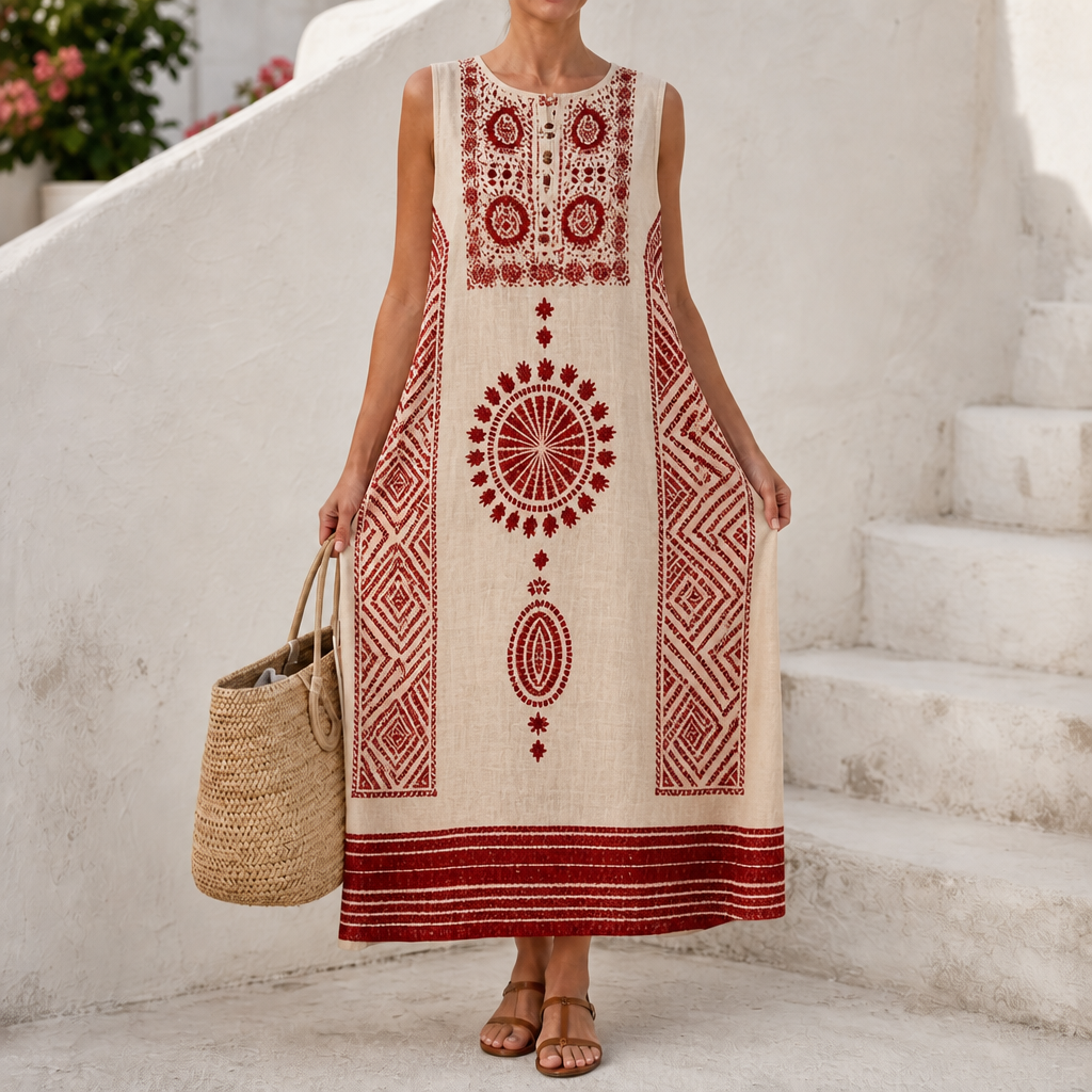 Lineluxe – Red Embroidered Sleeveless Maxi Dress