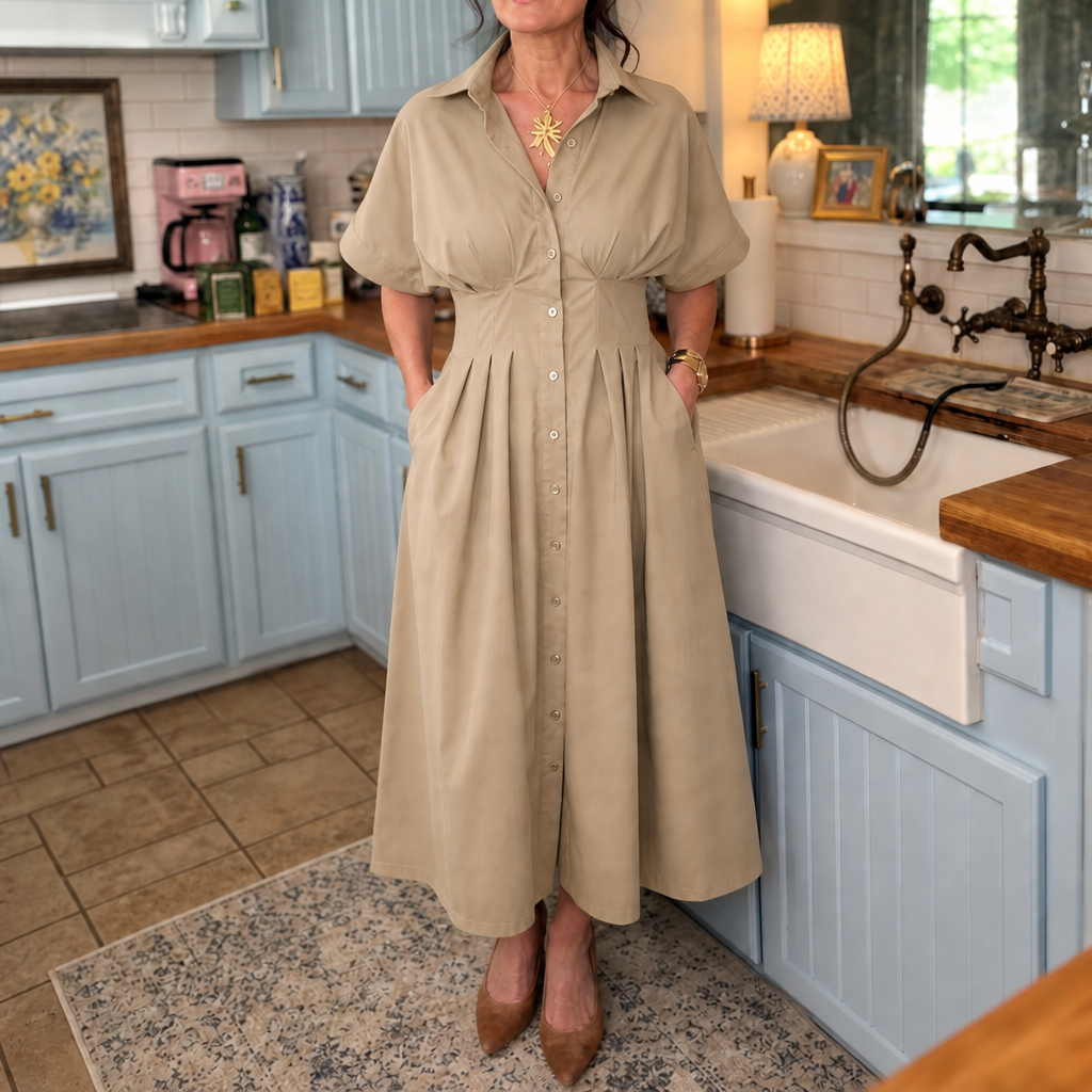 Solmara – Pleated Waist Button-Front Maxi Shirt Dress