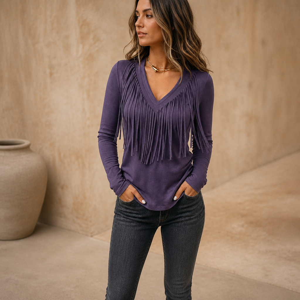Vela Fringe – Cascading Fringe V-Neck Top