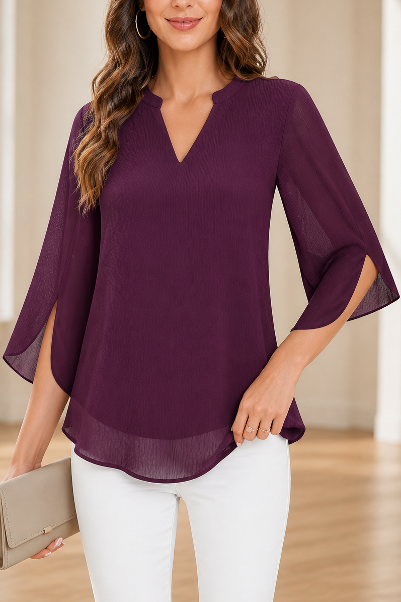 Petalwren – Layered Petal-Sleeve V-Neck Chiffon Top