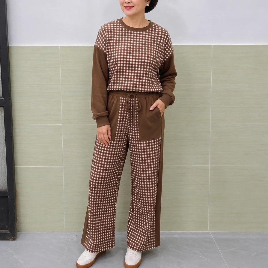 Gingham Ease – Gingham Long-Sleeve Top And Wide-Leg Pants Set