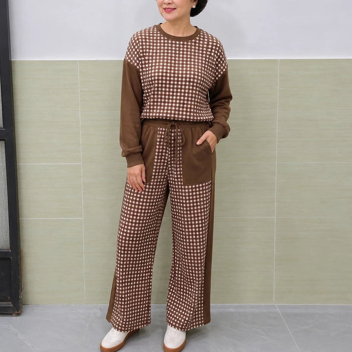 Gingham Ease – Gingham Long-Sleeve Top And Wide-Leg Pants Set