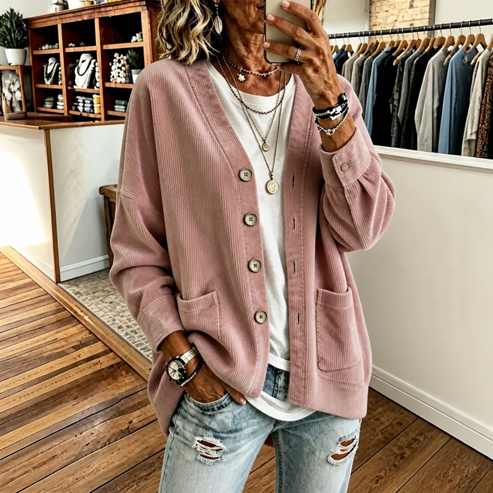 Corduvale – Vertical-Wale Corduroy Open-Front Cardigan