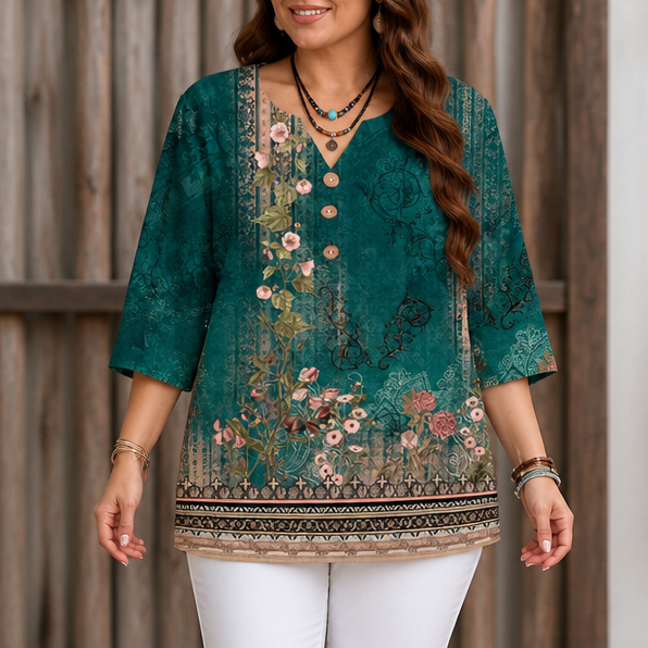 Vivelyn – Contrast Trim Button-Front V-Neck Top