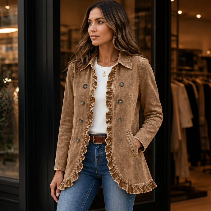 Ruffle & Row – Ruffle-Trim Button-Front Denim-Look Jacket