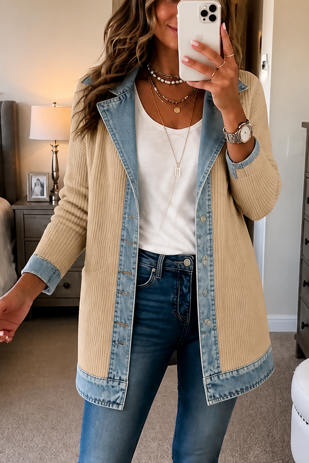 Wearbella – Denim-Look Spliced Ribbed Knit Coat