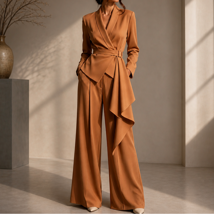 Drapevera – Buckle-Belted Wrap Blazer And Wide-Leg Trouser Set