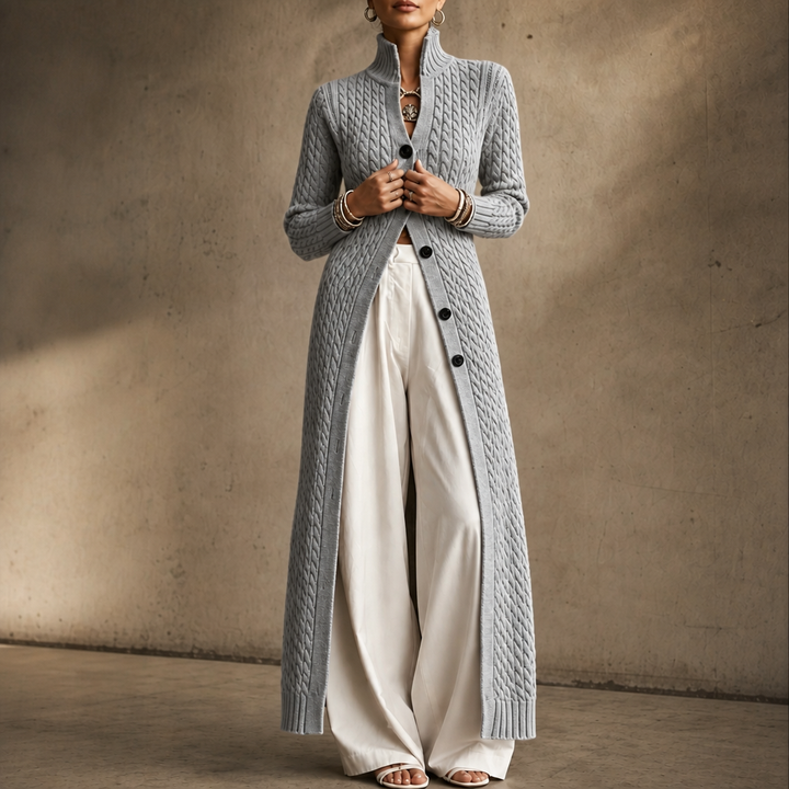 Cablemere – High Collar Cable-Knit Duster Cardigan