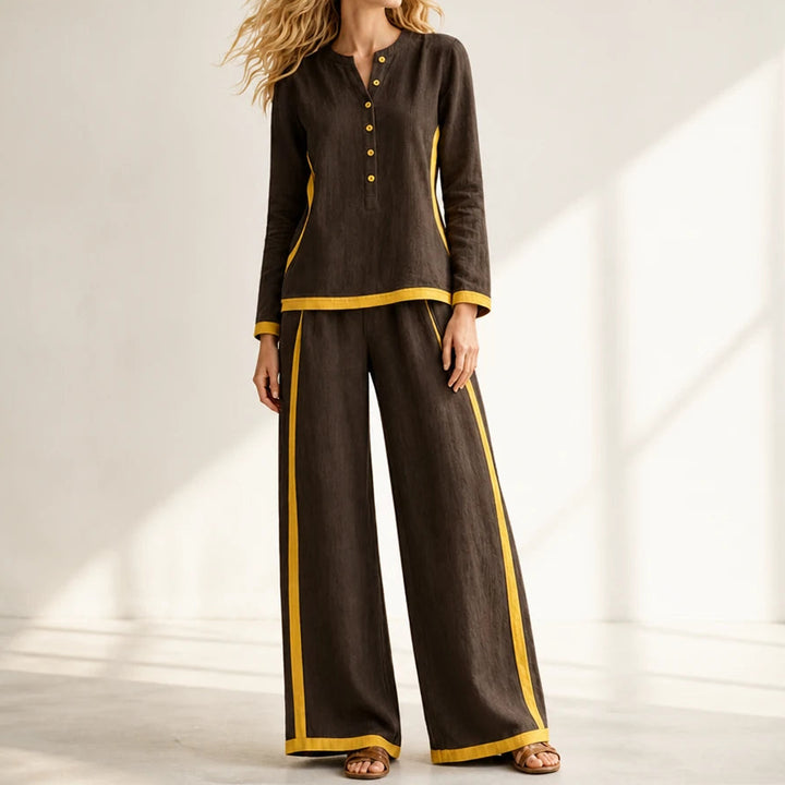 Modaform – Color-Block Long-Sleeve Top And Wide-Leg Pants Set