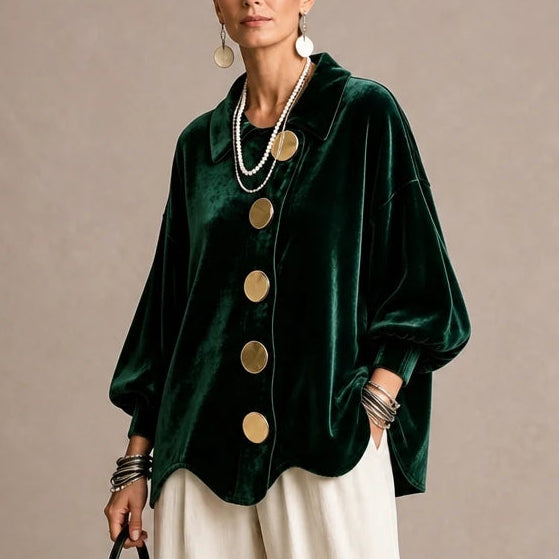 Velvara – Gold Button Velvet-Look Blouse