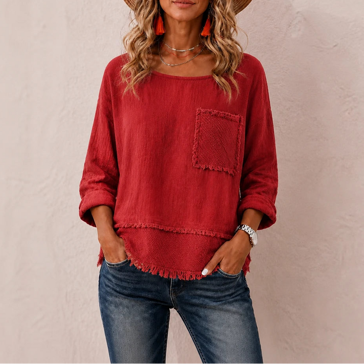 Marlowe – Crinkle-Textured Frayed-Trim Tunic Top