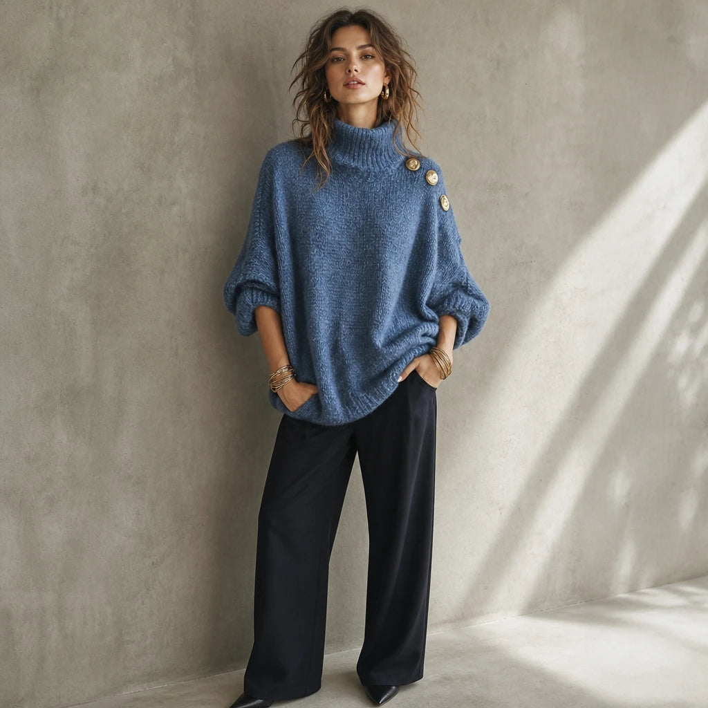 Aurelle – Gold Button Shoulder Knit Turtleneck Sweater