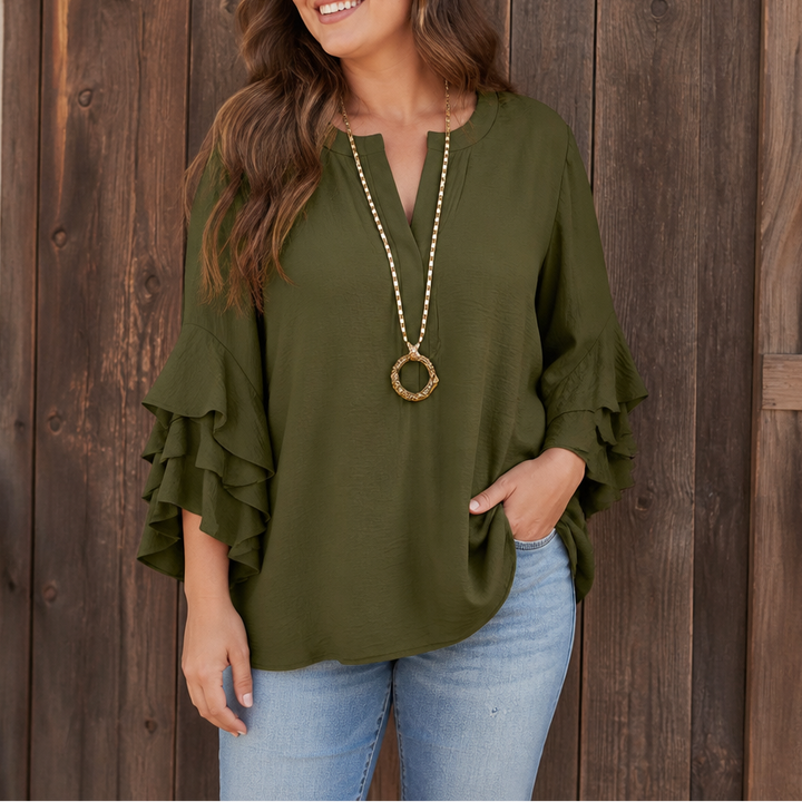 Florenza – Floral Ruffle-Sleeve V-Neck Blouse