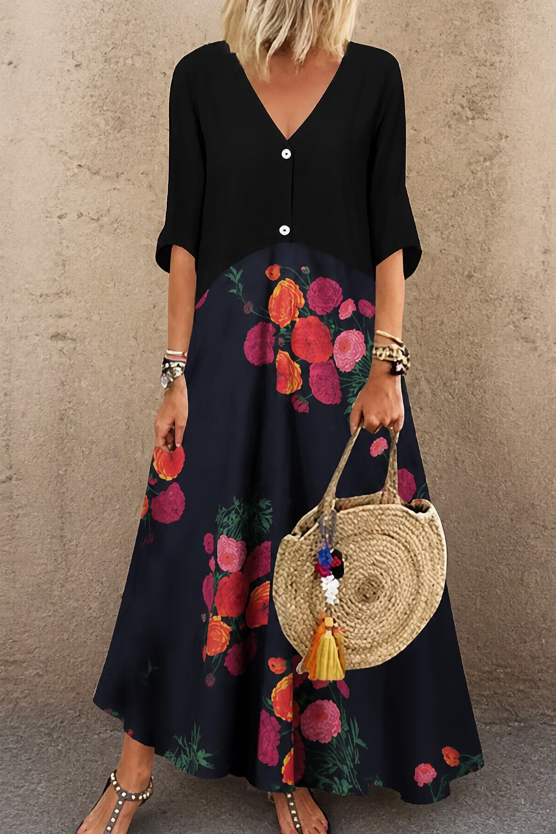 Lineluxe – V-Neck Button-Up Flowy Maxi Dress