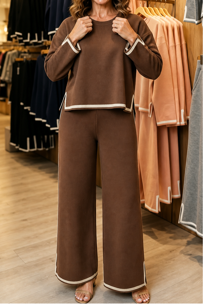 Setwell – Contrast-Trim Crewneck Top And Wide-Leg Pants Set