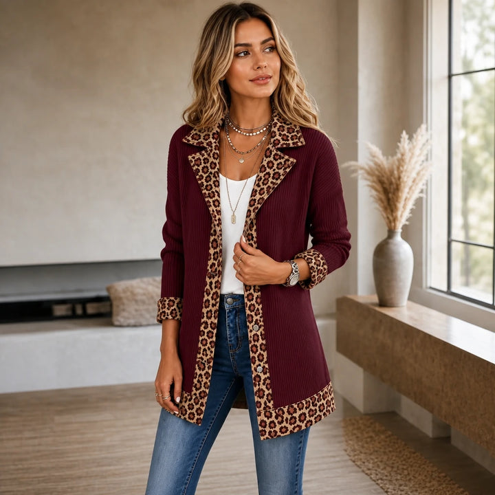 Liora – Leopard-Trim Ribbed Knit Cardigan