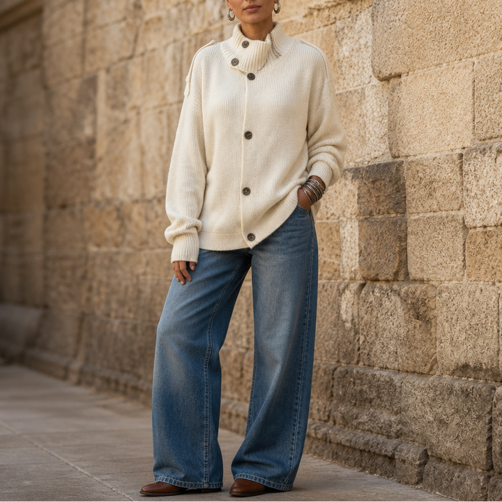 Diavelle – Diagonal Button High-Collar Knit Cardigan