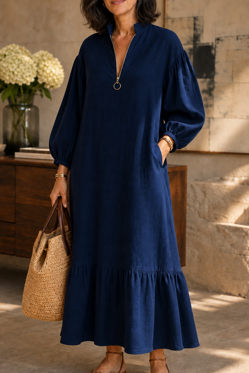 Wearbella – Half-Zip Stand-Collar Lantern-Sleeve Dress