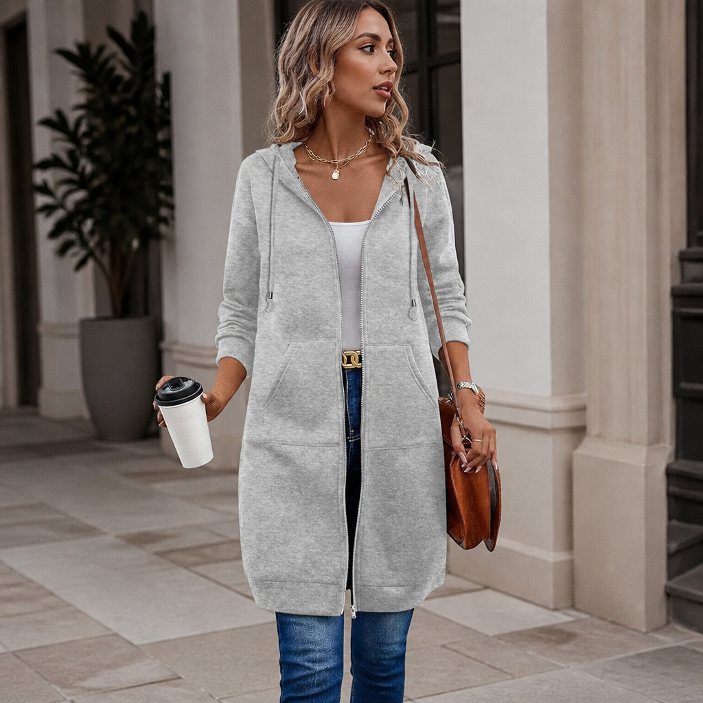 Easebella – Mid-Length Zip-Up Hooded Knit Cardigan