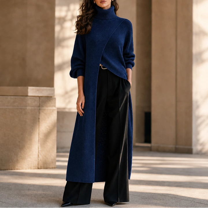 Linevera – Pit-Stripe Ribbed Asymmetric Turtleneck Top