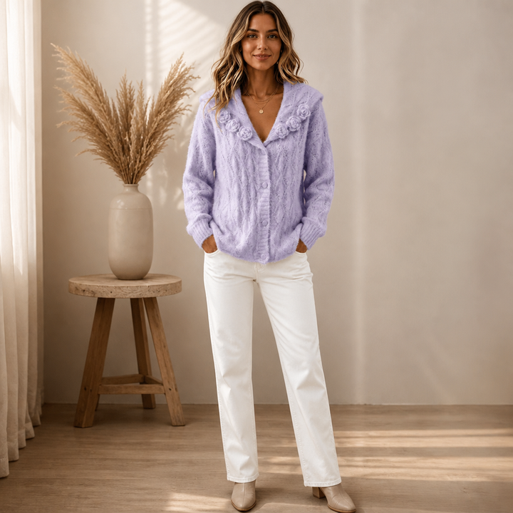 Florabelle Knit – Floral 3D Lapel Cable Knit Cardigan