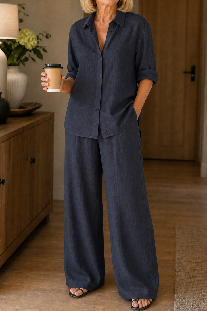 Linore – Matching Linen-Blend Shirt And Wide-Leg Pants Set