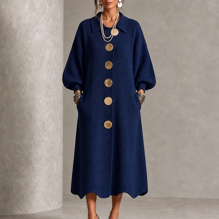 Vivelyn – Gold Button Ribbed Lantern Sleeve Maxi Dress