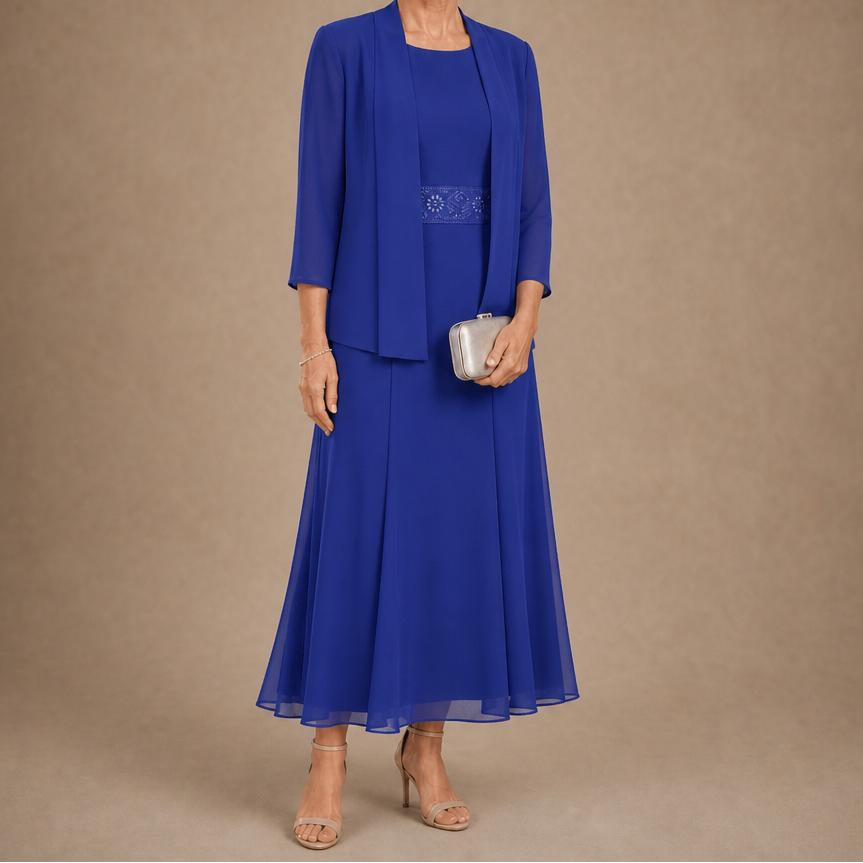 Elowen – Sleeveless Beaded-Waist Chiffon Dress With Jacket