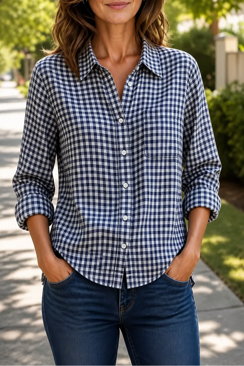 Checkered Long-Sleeve Button-Up Shirt For Women