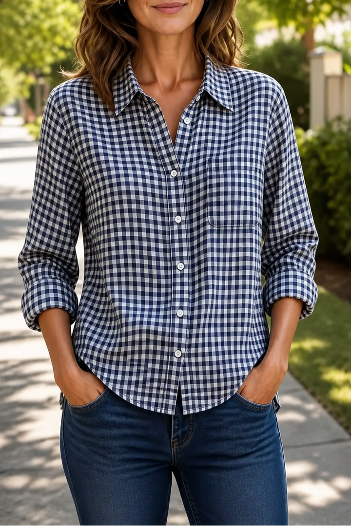 Checkered Long-Sleeve Button-Up Shirt For Women