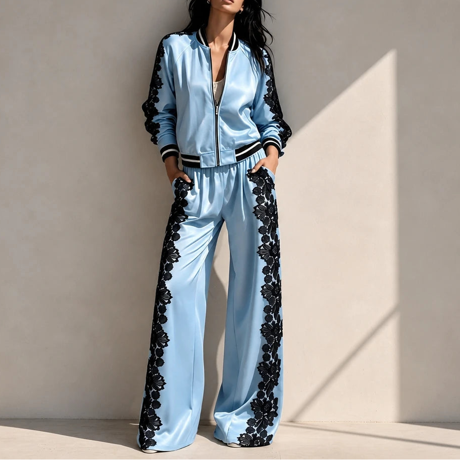 Lace & Leisure – Floral Lace Panel Track Jacket And Wide-Leg Pants Set