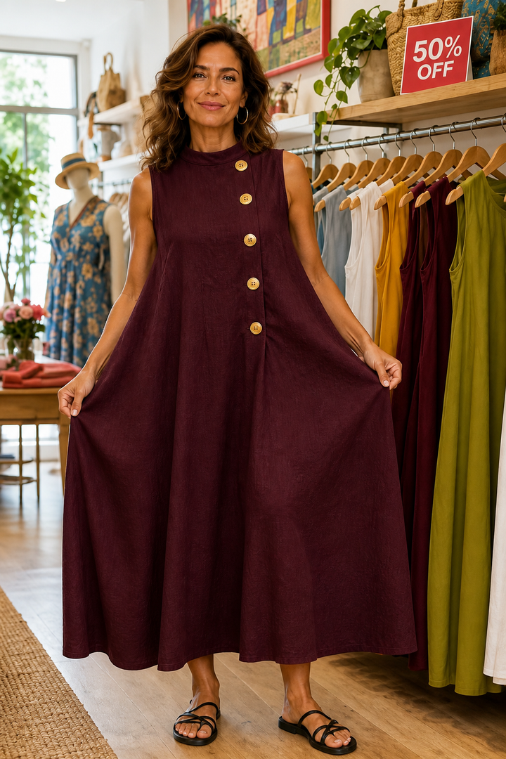 Sunvela – Full-Placket Button-Front Sleeveless Maxi Dress