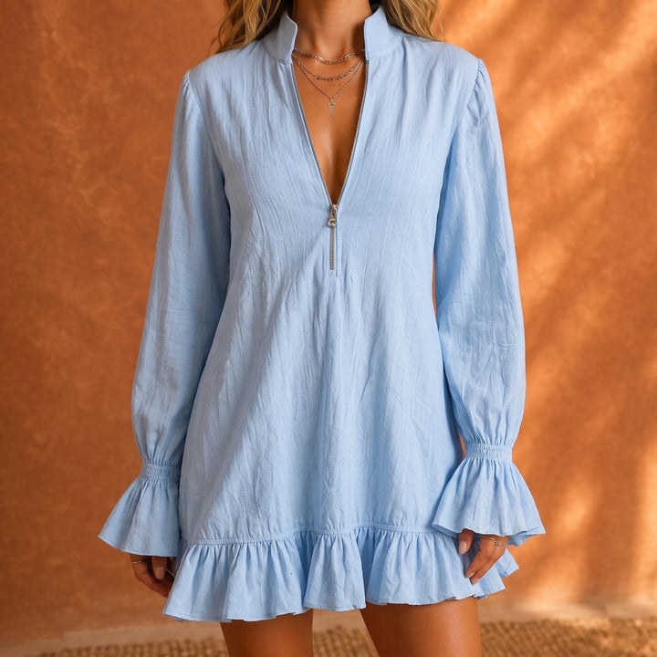 Florenza – Zip-Neck Ruffle Linen-Look Mini Dress