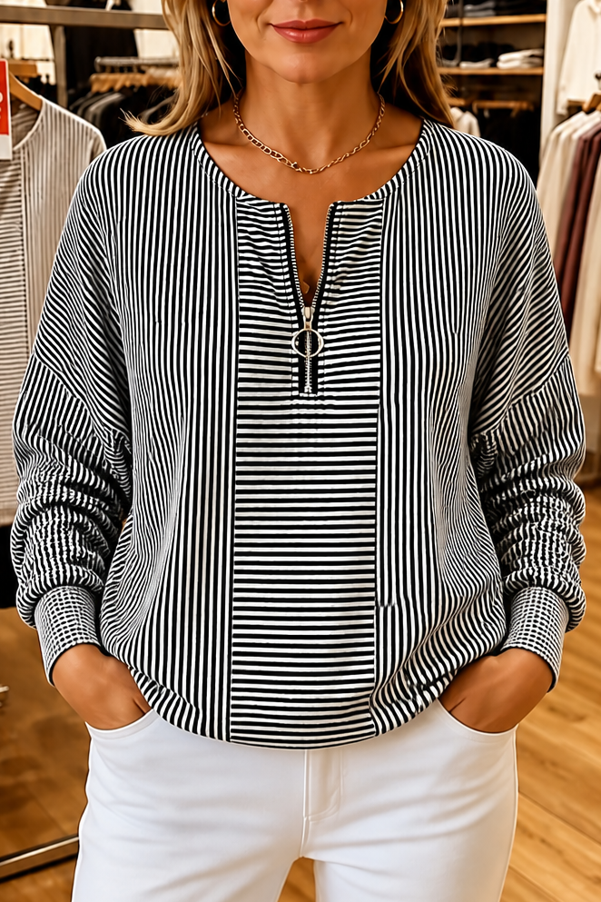 Everline – Striped Long Sleeve Zip-Up Top