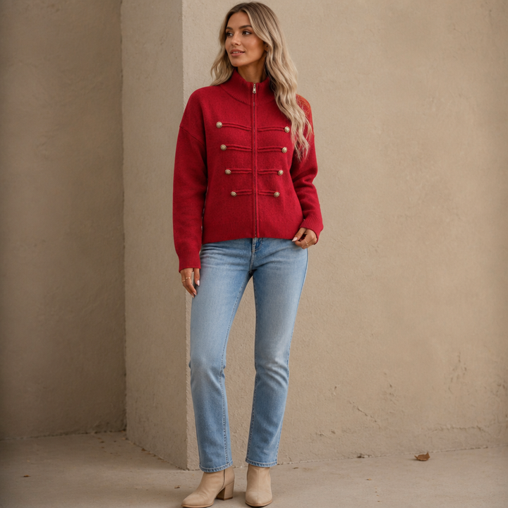 Mayfield – Gold Button Military-Style Knit Cardigan