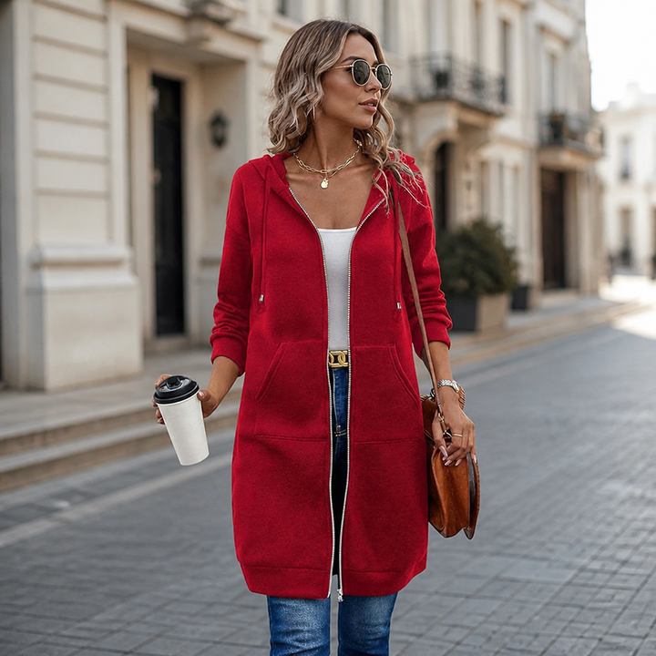 Easebella – Mid-Length Zip-Up Hooded Knit Cardigan
