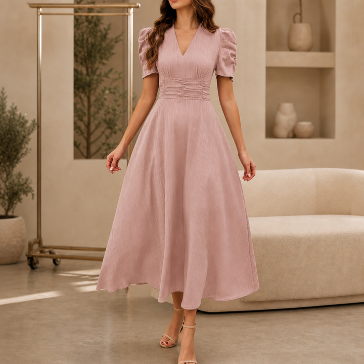 Wearbella – Ruched Waist Puff Sleeve V-Neck Midi Dress