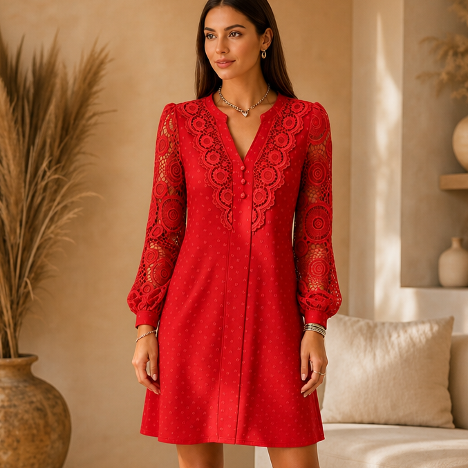 Vellora – V-Neck Lace Lantern-Sleeve A-Line Dress