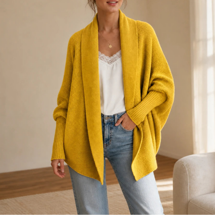 Drapeelle – Textured Batwing Open-Front Knit Cardigan