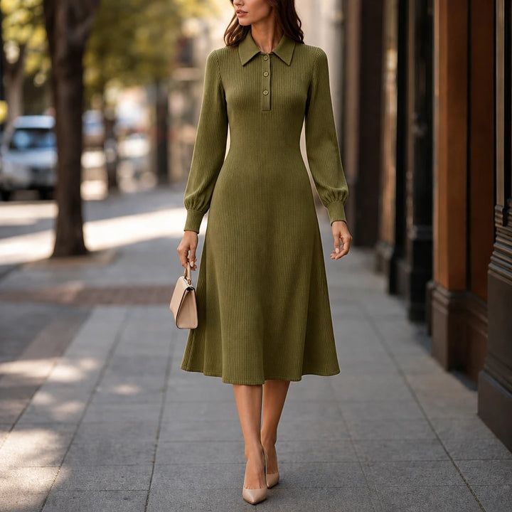 Lapella – Ribbed Knit Lapel Collar Midi Dress