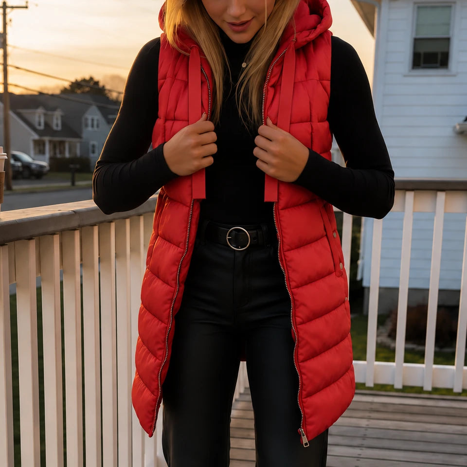 Longbella – Hooded Longline Quilted Puffer Vest