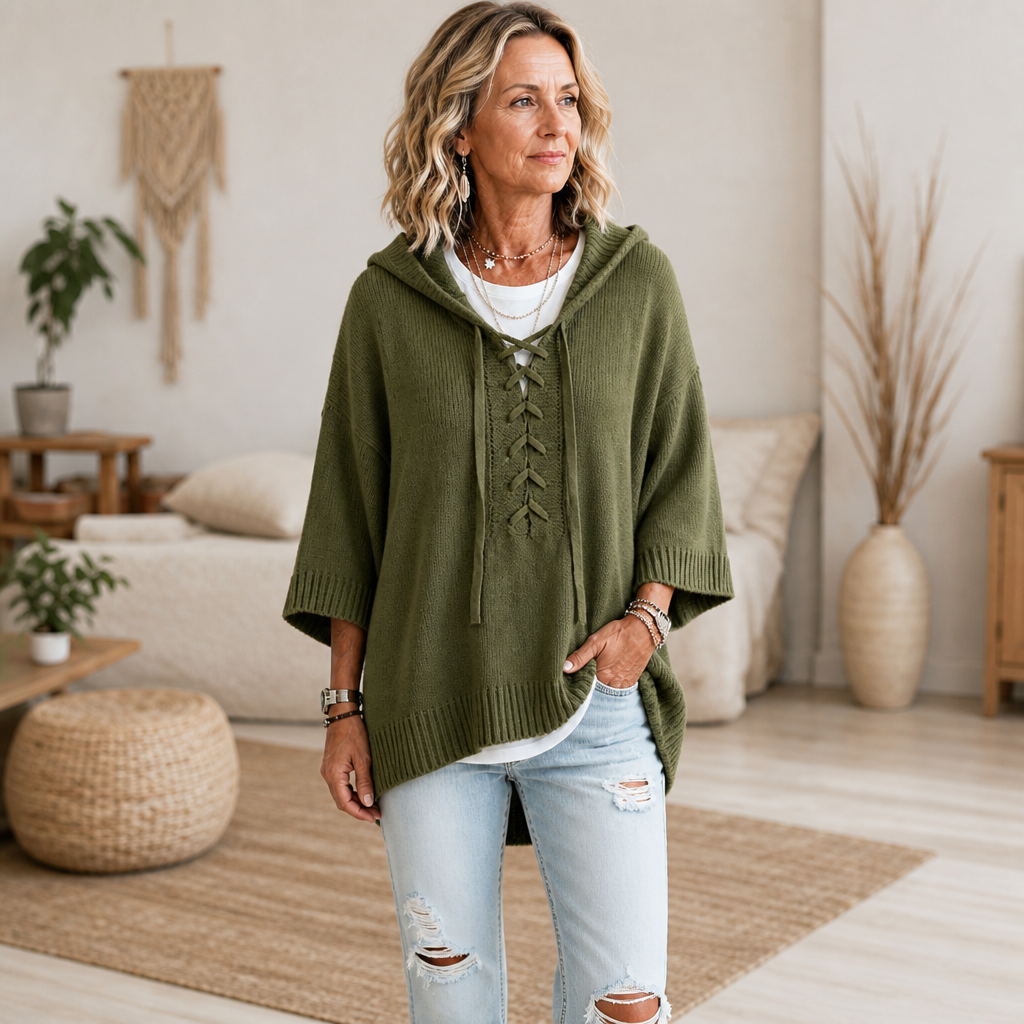 Lunarknit – Lace-Up Deep V Hooded Knit Pullover