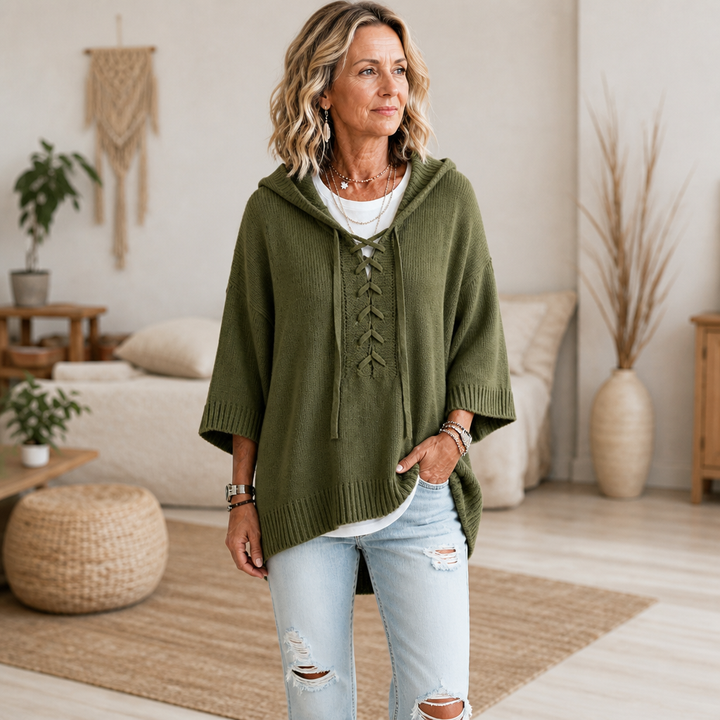 Lunarknit – Lace-Up Deep V Hooded Knit Pullover