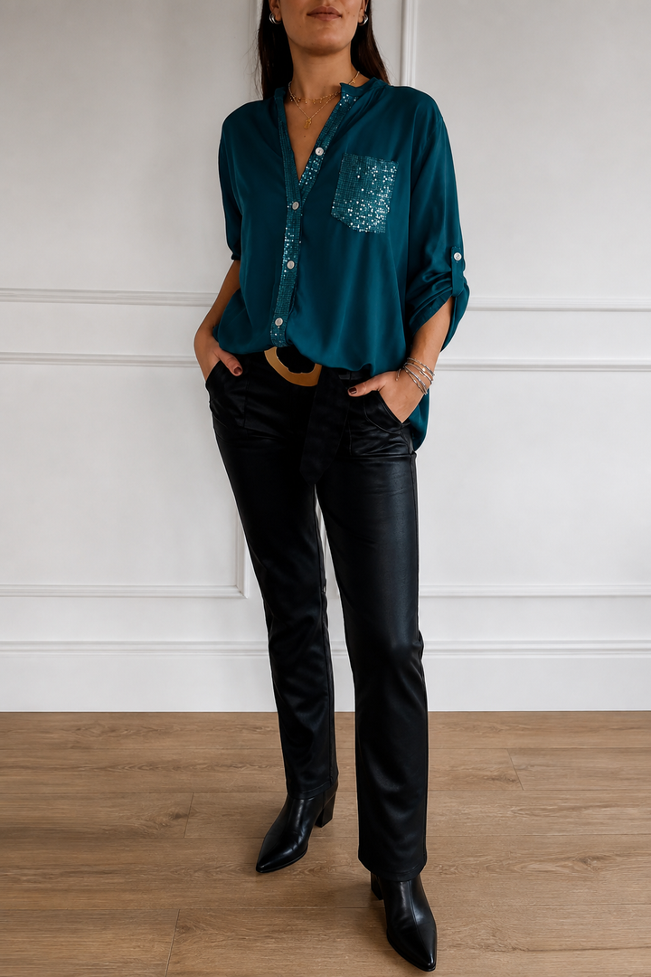 Duskglint – Sequin Pocket Panel Button-Down Top