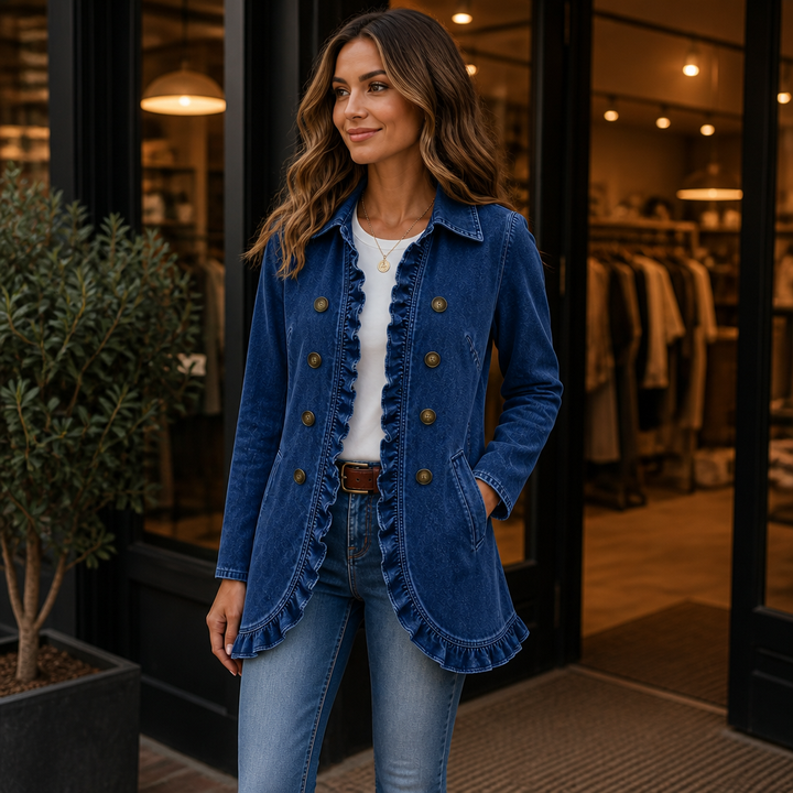 Ruffle & Row – Ruffle-Trim Button-Front Denim-Look Jacket
