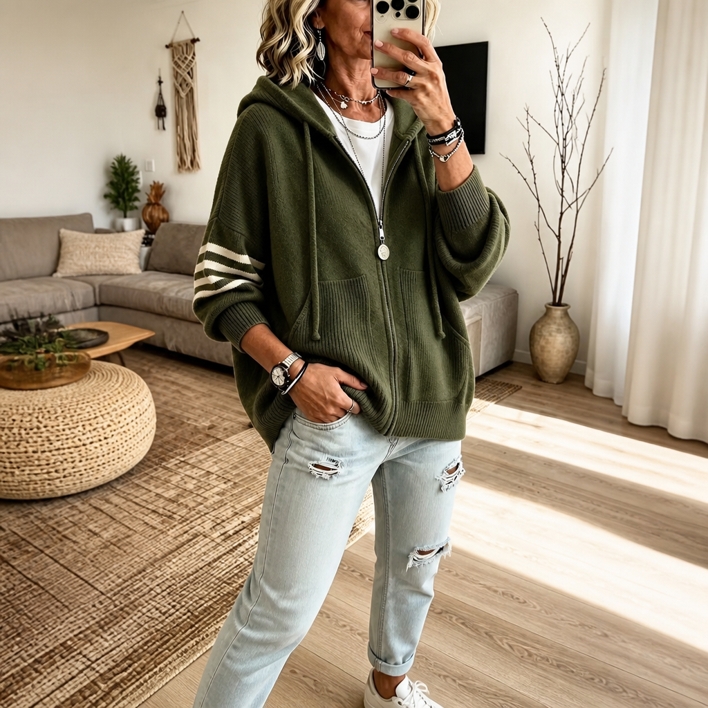 Wearbella – Striped-Sleeve Drop-Shoulder Zip Hoodie